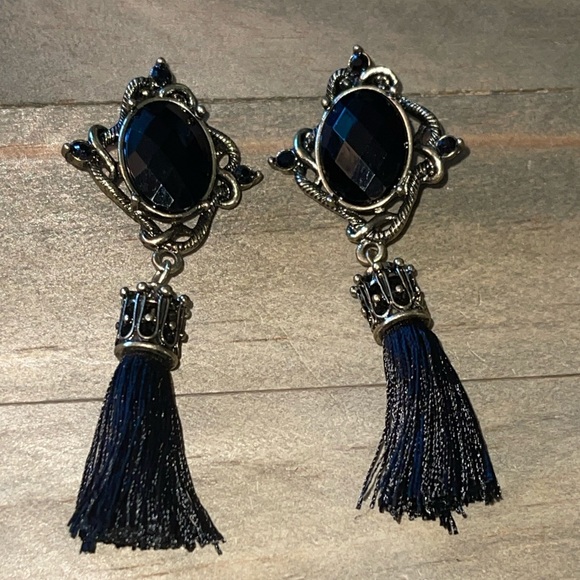 Tassel Long Fringe Drop, Black, Antique Gold Bohemian, Victorian Earrings - Picture 8 of 10